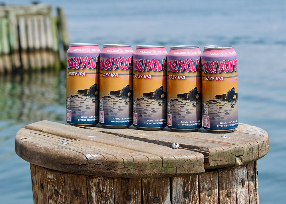 Tag! You're It! beer cans lined up on a wooden block with the ocean in the background.