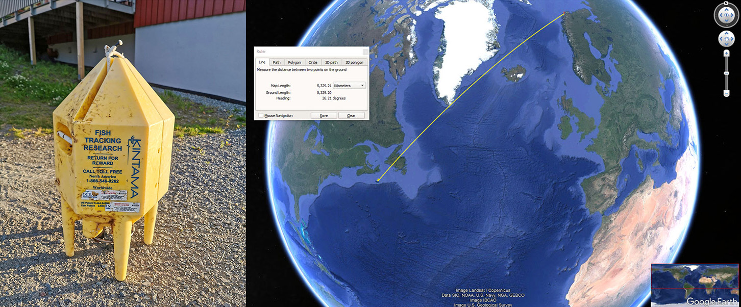 A photo of the bright yellow float and receiver that was lost, taken outside after being washed up in Norway, with a map showing the distance between Sable Island and Norway beside the photo.